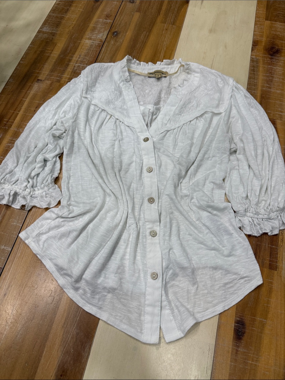 Democracy White Button-Front Peasant Blouse with Embroidered Yoke